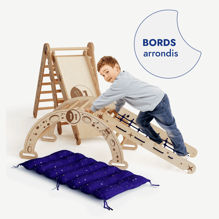Ensemble d'escalade Apollo 5-en-1 : Triangle de Pikler, Arche, Planche de glisse et Coussin pour les petits astronautes