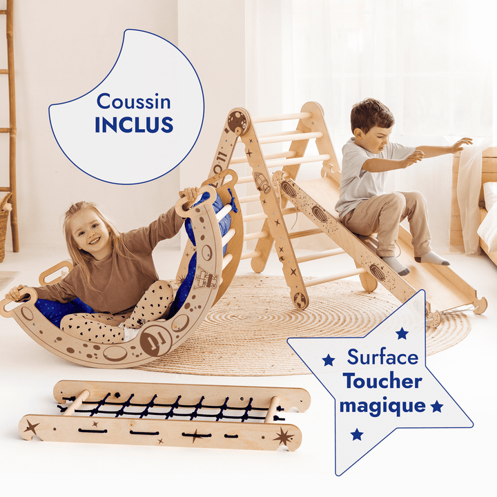 Ensemble d'escalade Apollo 5-en-1 : Triangle de Pikler, Arche, Planche de glisse et Coussin pour les petits astronautes