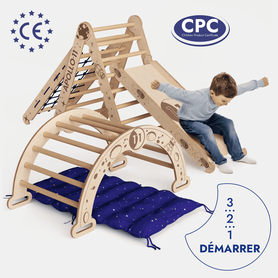 Ensemble d'escalade Apollo 5-en-1 : Triangle de Pikler, Arche, Planche de glisse et Coussin pour les petits astronautes