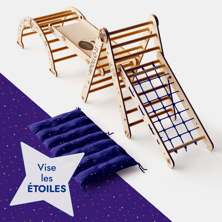 Ensemble d'escalade Apollo 5-en-1 : Triangle de Pikler, Arche, Planche de glisse et Coussin pour les petits astronautes