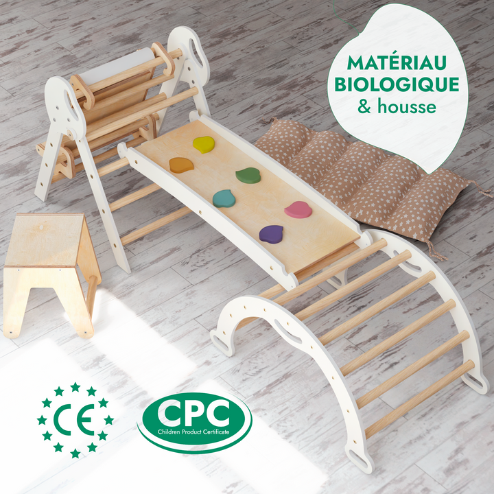5en1 Ensemble d'escalade pour enfants : Échelle Triangulaire + Arche d'Escalade + Ajout Artistique + Toboggan + Coussin (1-3 ans)