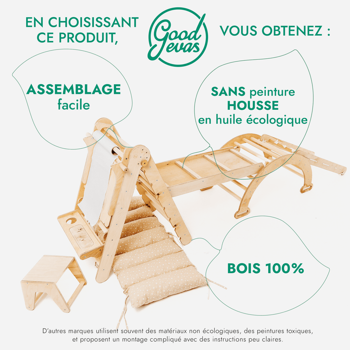 6en1 Ensemble d'Escalade Montessori : Échelle Triangulaire + Arche/Rocker + Toboggan/Rampe + Filet + Coussin + Ajout Artistique - Goodevas FR