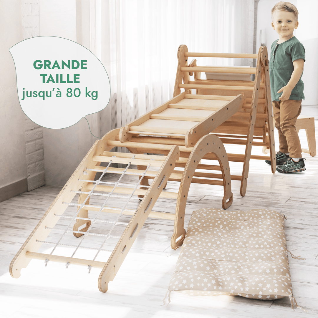 6en1 Ensemble d'Escalade Montessori : Échelle Triangulaire + Arche/Rocker + Toboggan/Rampe + Filet + Coussin + Ajout Artistique - Goodevas FR
