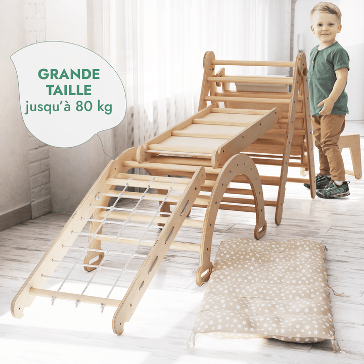 6en1 Ensemble d'Escalade Montessori : Échelle Triangulaire + Arche/Rocker + Toboggan/Rampe + Filet + Coussin + Ajout Artistique - Goodevas FR