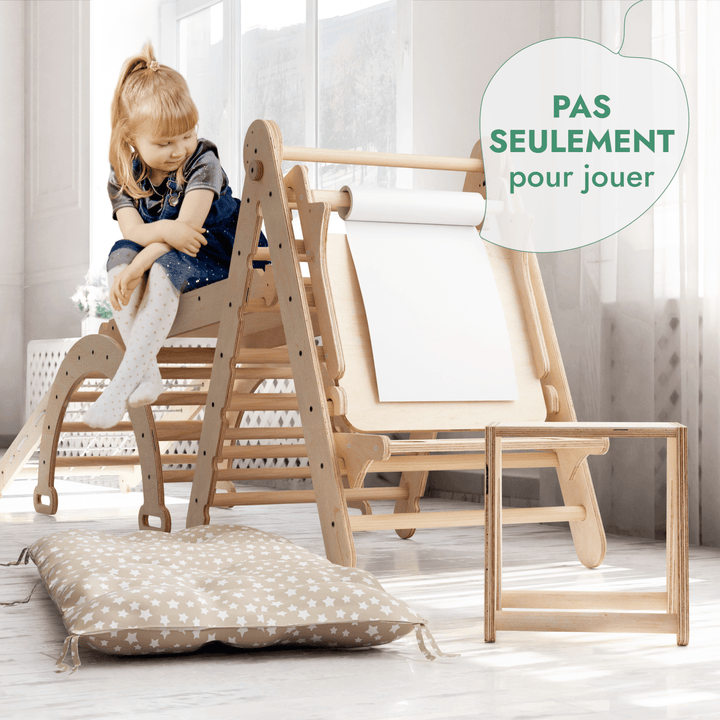 6en1 Ensemble d'Escalade Montessori : Échelle Triangulaire + Arche/Rocker + Toboggan/Rampe + Filet + Coussin + Ajout Artistique - Goodevas FR