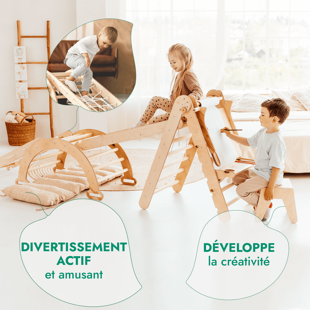 6en1 Ensemble d'Escalade Montessori : Échelle Triangulaire + Arche/Rocker + Toboggan/Rampe + Filet + Coussin + Ajout Artistique - Goodevas FR