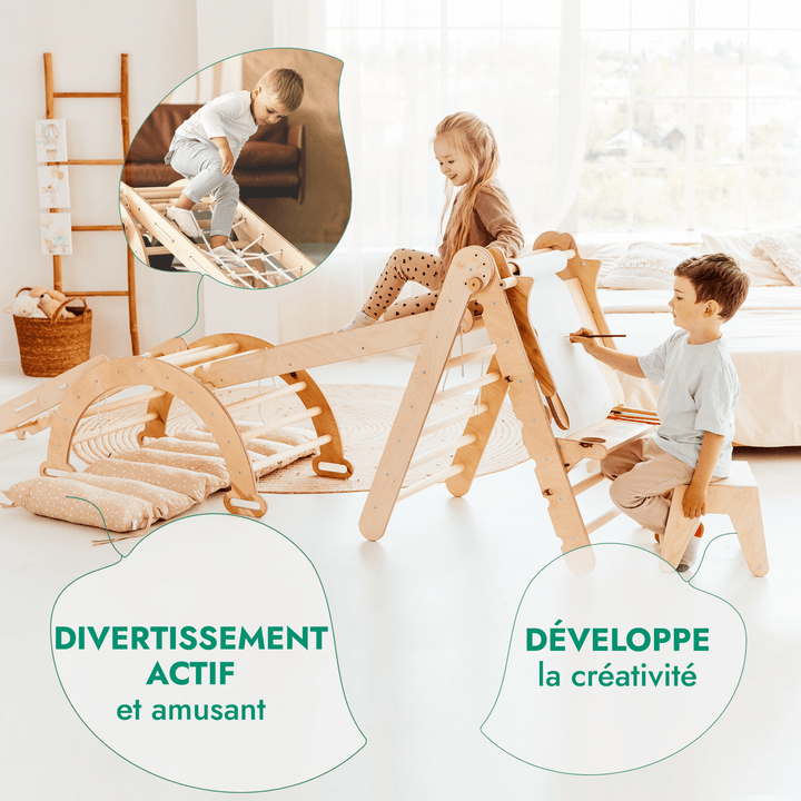 6en1 Ensemble d'Escalade Montessori : Échelle Triangulaire + Arche/Rocker + Toboggan/Rampe + Filet + Coussin + Ajout Artistique - Goodevas FR