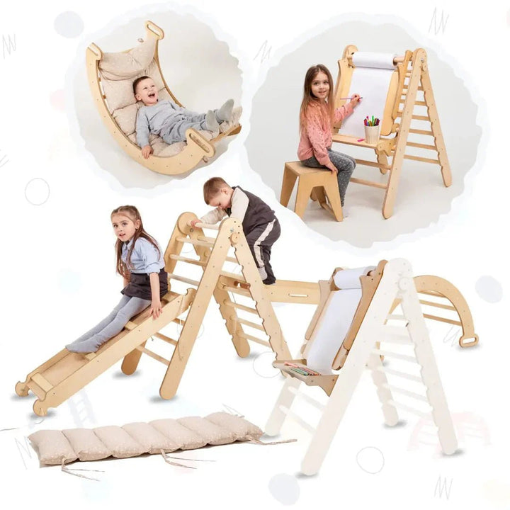 6en1 Ensemble d'Escalade Montessori : Échelle Triangulaire + Arche/Rocker + Toboggan/Rampe + Filet + Coussin + Ajout Artistique - Goodevas FR