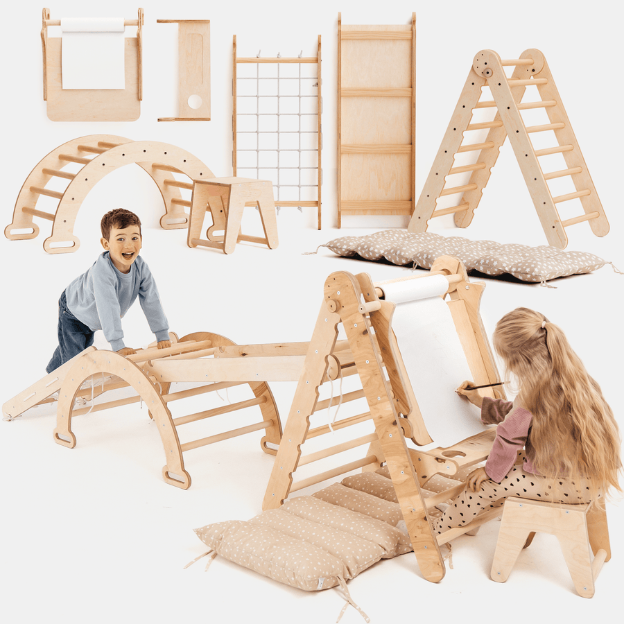 6en1 Ensemble d'Escalade Montessori : Échelle Triangulaire + Arche/Rocker + Toboggan/Rampe + Filet + Coussin + Ajout Artistique - Goodevas FR