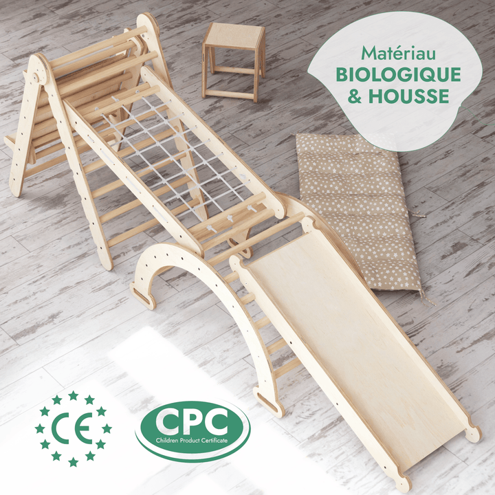6en1 Ensemble d'Escalade Montessori : Échelle Triangulaire + Arche/Rocker + Toboggan/Rampe + Filet + Coussin + Ajout Artistique - Goodevas FR