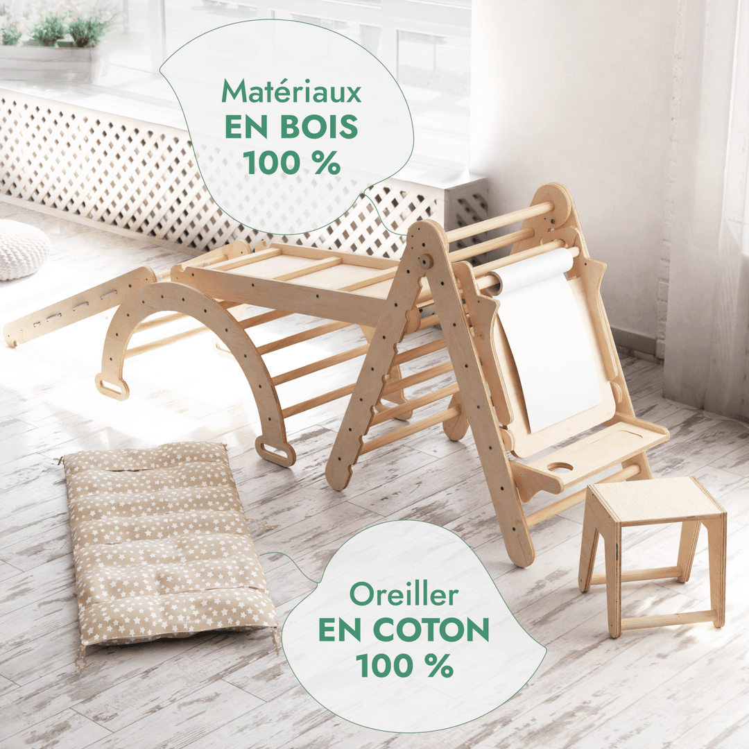 6en1 Ensemble d'Escalade Montessori : Échelle Triangulaire + Arche/Rocker + Toboggan/Rampe + Filet + Coussin + Ajout Artistique - Goodevas FR