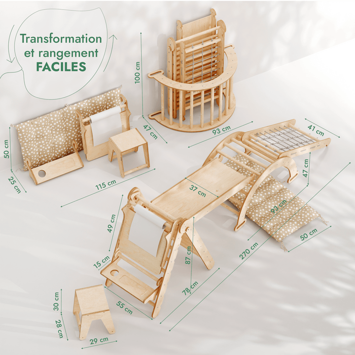 6en1 Ensemble d'Escalade Montessori : Échelle Triangulaire + Arche/Rocker + Toboggan/Rampe + Filet + Coussin + Ajout Artistique - Goodevas FR