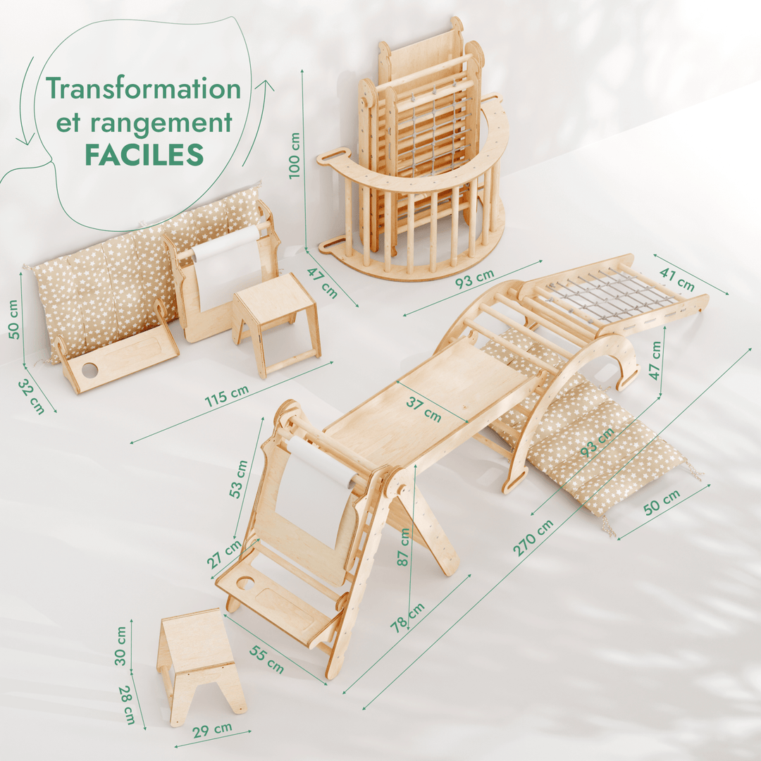 6en1 Ensemble d'Escalade Montessori : Échelle Triangulaire + Arche/Rocker + Toboggan/Rampe + Filet + Coussin + Ajout Artistique - Goodevas FR