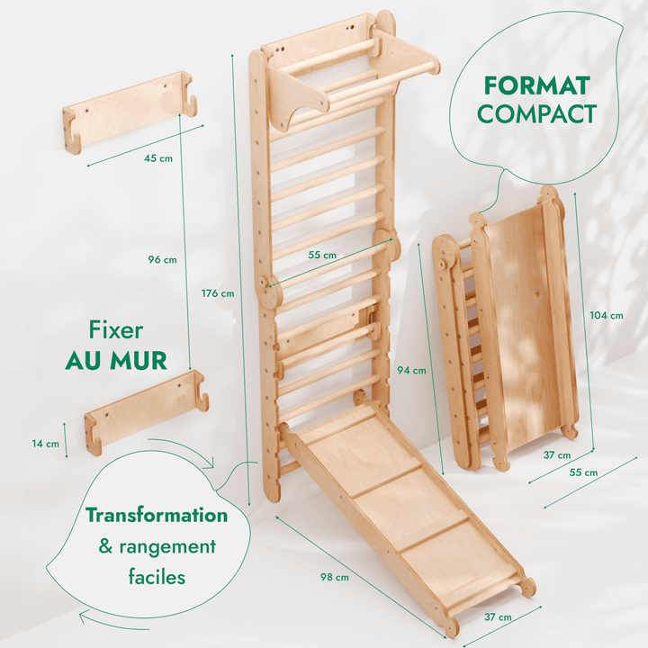 6in1 Mur suédois en bois / échelle d'escalade pour enfants + balançoire + toboggan - Goodevas FR