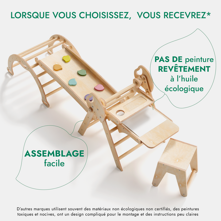5en1 Ensemble d'escalade pour enfants : Échelle Triangulaire + Arche d'Escalade + Ajout Artistique + Toboggan + Coussin (1-3 ans)