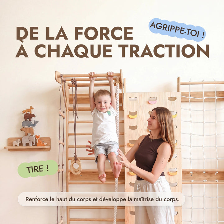 7-in-1 Mur d'Escalade pour Enfant : Espalier, Prises, Filet, Barre de Traction & Set de Balançoire 3en1 - Goodevas FR