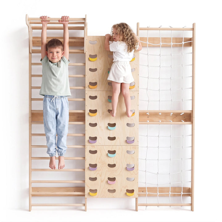 7-in-1 Mur d'Escalade pour Enfant : Espalier, Prises, Filet, Barre de Traction & Set de Balançoire 3en1 - Goodevas FR