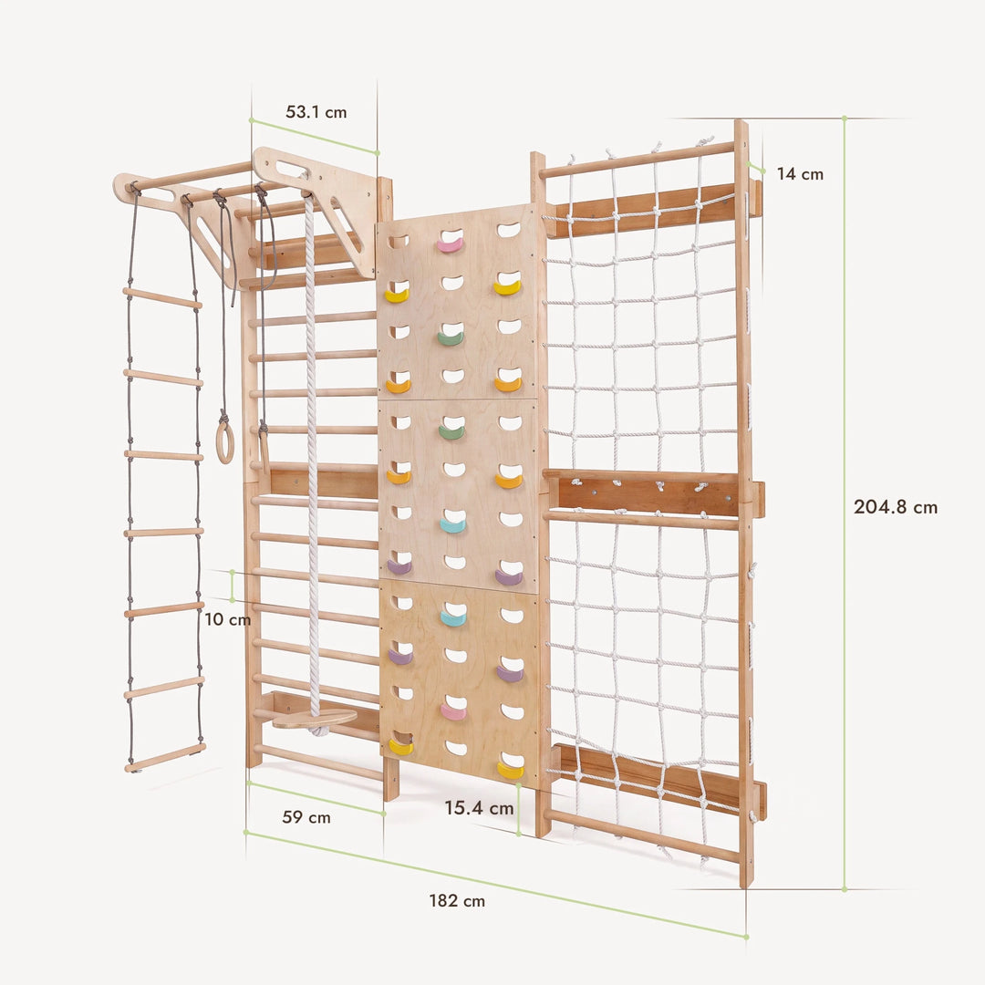 7-in-1 Mur d'Escalade pour Enfant : Espalier, Prises, Filet, Barre de Traction & Set de Balançoire 3en1 - Goodevas FR