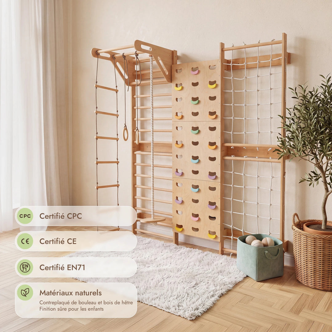 7-in-1 Mur d'Escalade pour Enfant : Espalier, Prises, Filet, Barre de Traction & Set de Balançoire 3en1 - Goodevas FR