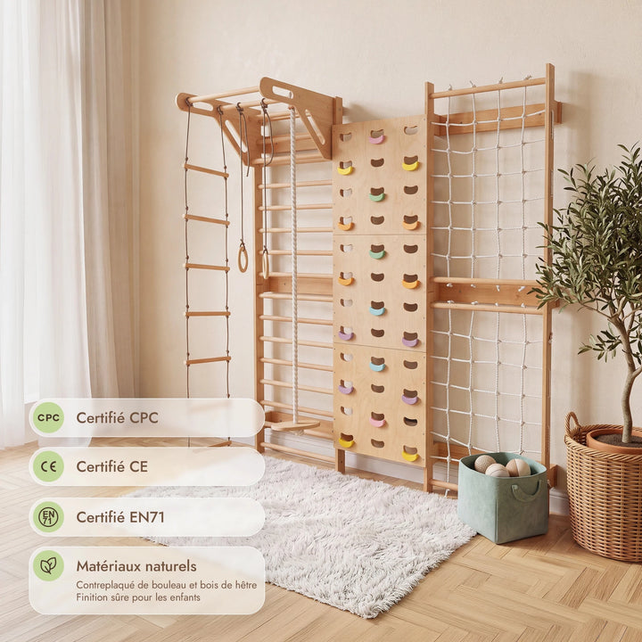7-in-1 Mur d'Escalade pour Enfant : Espalier, Prises, Filet, Barre de Traction & Set de Balançoire 3en1 - Goodevas FR