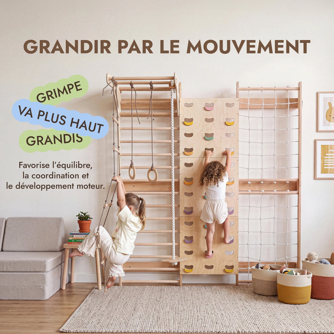 7-in-1 Mur d'Escalade pour Enfant : Espalier, Prises, Filet, Barre de Traction & Set de Balançoire 3en1 - Goodevas FR