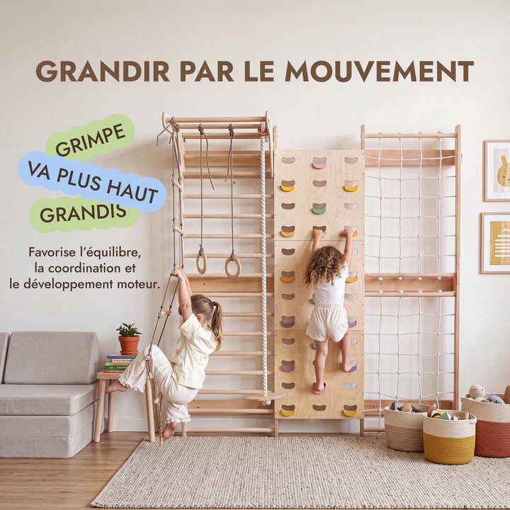7-in-1 Mur d'Escalade pour Enfant : Espalier, Prises, Filet, Barre de Traction & Set de Balançoire 3en1 - Goodevas FR