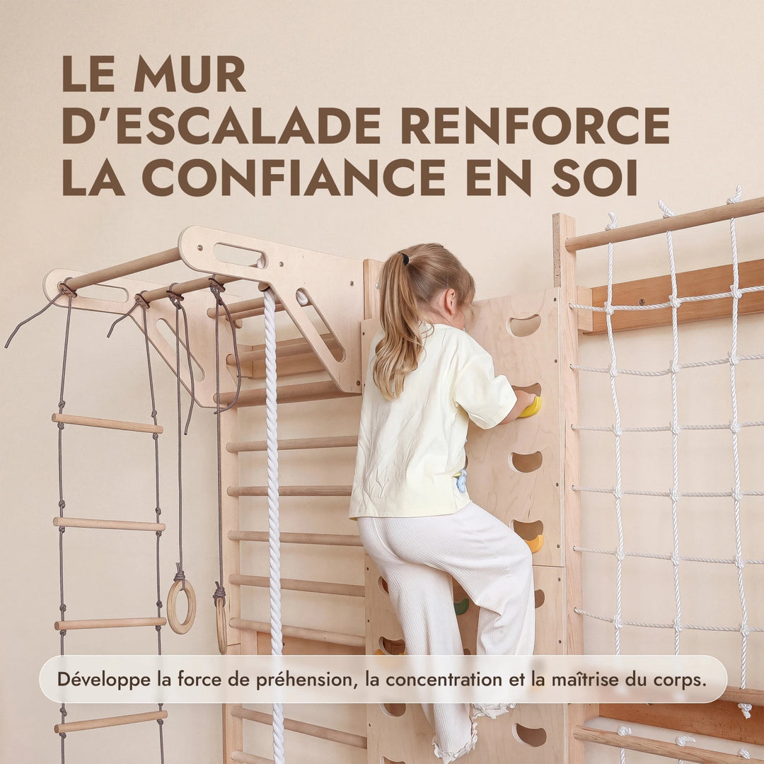 7-in-1 Mur d'Escalade pour Enfant : Espalier, Prises, Filet, Barre de Traction & Set de Balançoire 3en1 - Goodevas FR