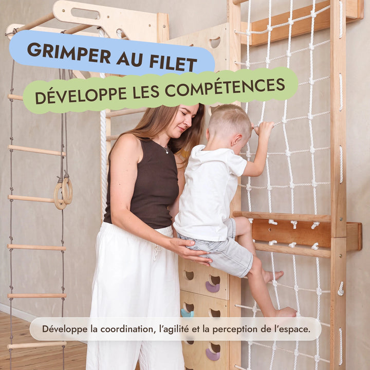 7-in-1 Mur d'Escalade pour Enfant : Espalier, Prises, Filet, Barre de Traction & Set de Balançoire 3en1 - Goodevas FR
