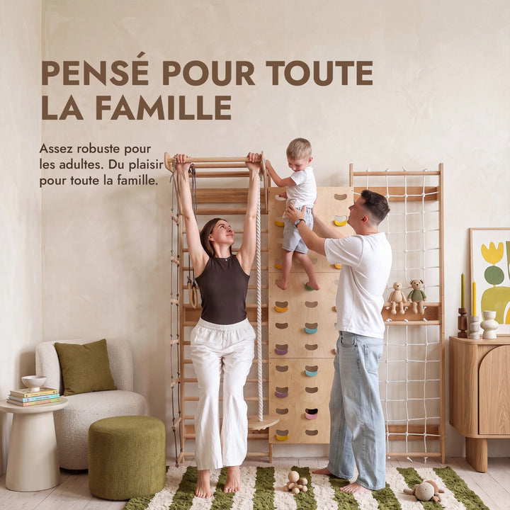 7-in-1 Mur d'Escalade pour Enfant : Espalier, Prises, Filet, Barre de Traction & Set de Balançoire 3en1 - Goodevas FR