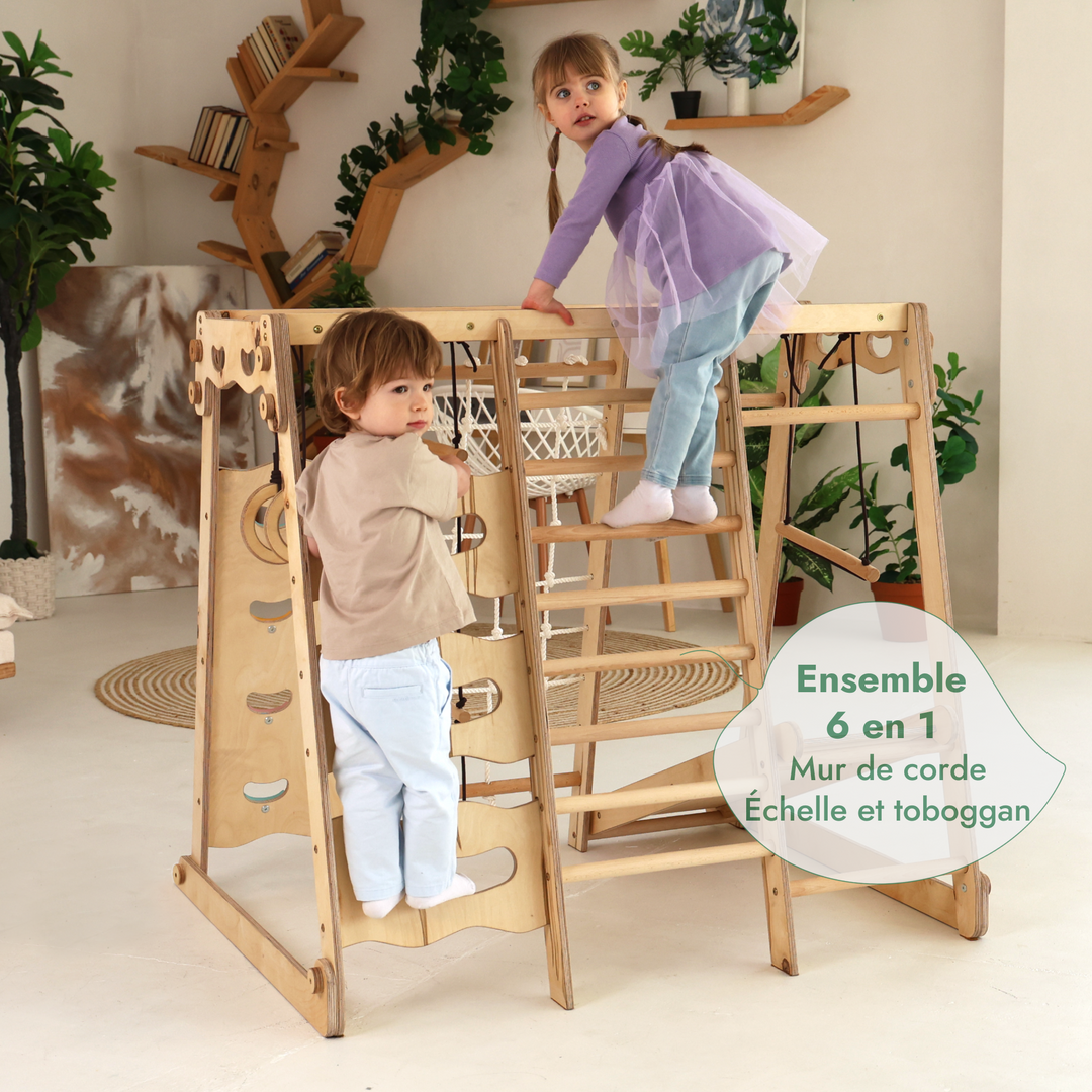 Jungle Gym d'intérieur 6 en 1 pour enfants : aire de jeux + balançoires + toboggan + corde + escaliers