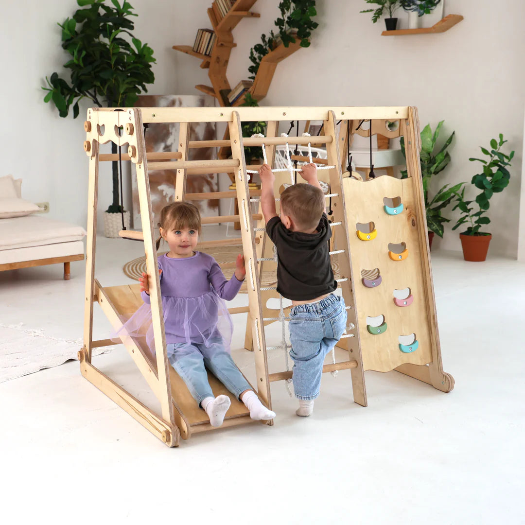 Jungle Gym d'intérieur 6 en 1 pour enfants : aire de jeux + balançoires + toboggan + corde + escaliers
