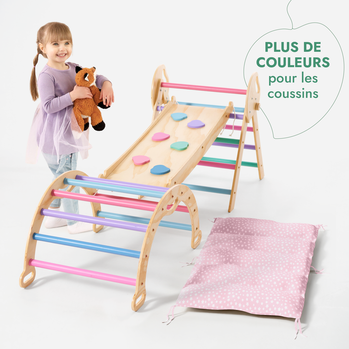 4en1 Ensemble d'escalade pour enfants : Échelle Triangulaire + Arche d'Escalade + Toboggan + Coussin (1-3 ans) - Pastel