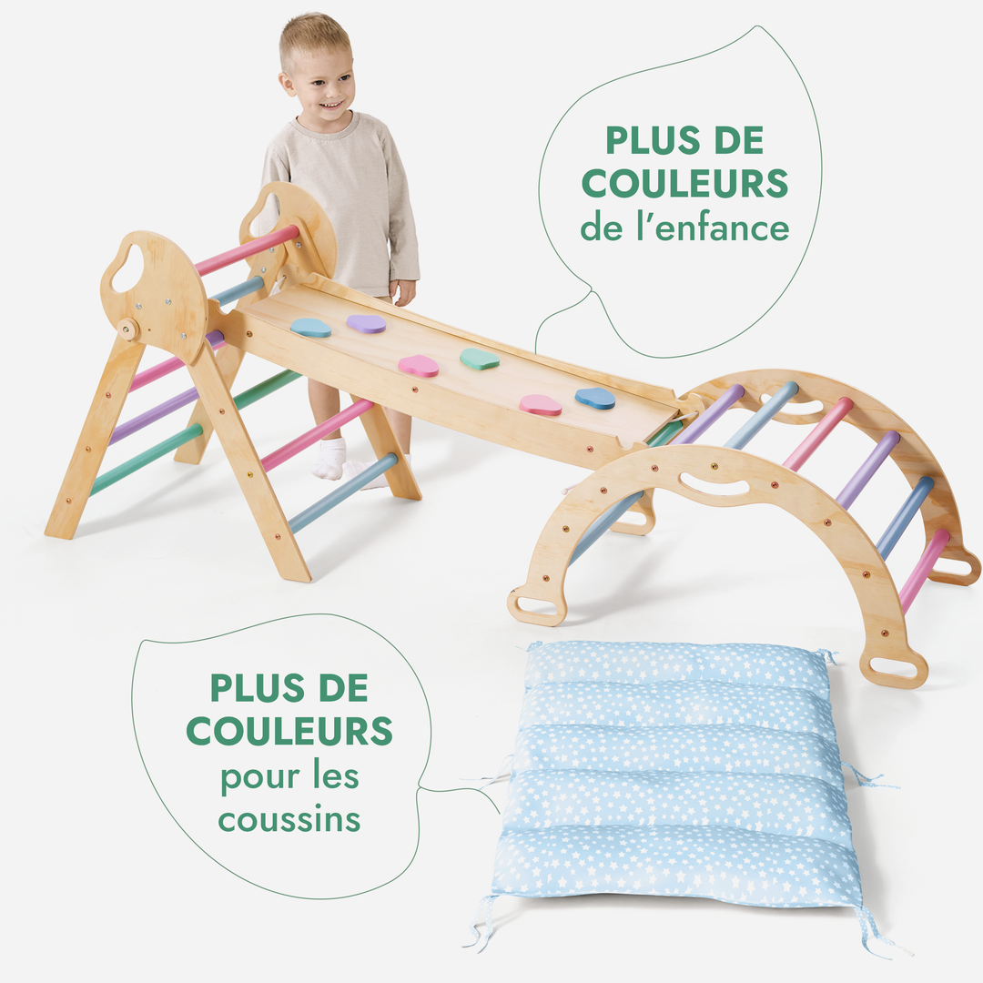 4en1 Ensemble d'escalade pour enfants : Échelle Triangulaire + Arche d'Escalade + Toboggan + Coussin (1-3 ans) - Pastel