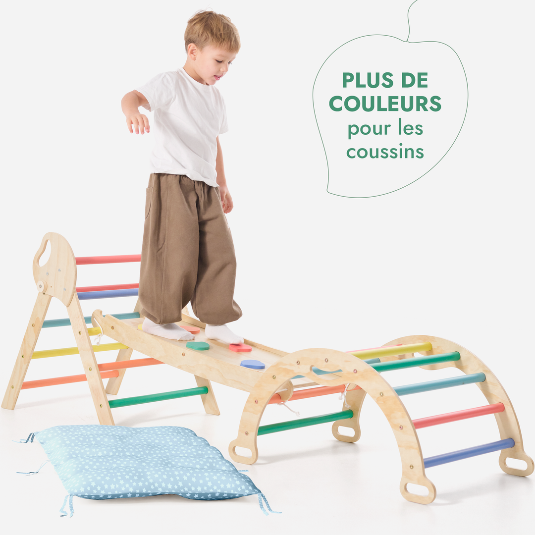 4en1 Ensemble d'escalade pour enfants : Échelle Triangulaire + Arche d'Escalade + Toboggan + Coussin (1-3 ans) - Arc-en-ciel