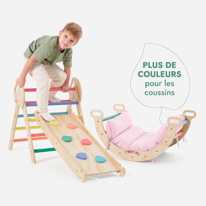 4en1 Ensemble d'escalade pour enfants : Échelle Triangulaire + Arche d'Escalade + Toboggan + Coussin (1-3 ans) - Arc-en-ciel