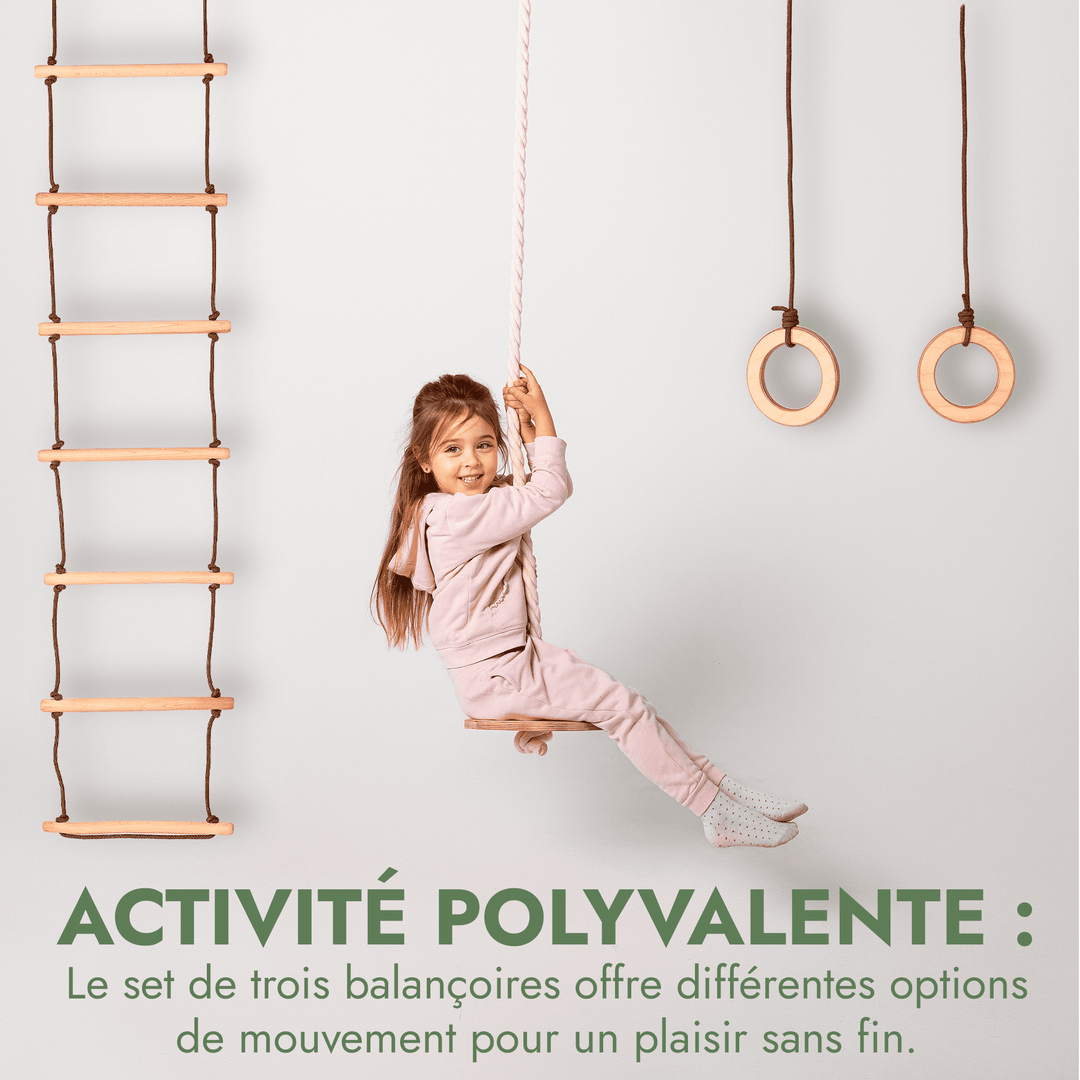 Ensemble de trois balançoires : disque + anneaux + échelle de corde