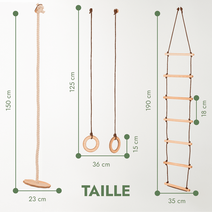 Ensemble de trois balançoires : disque + anneaux + échelle de corde