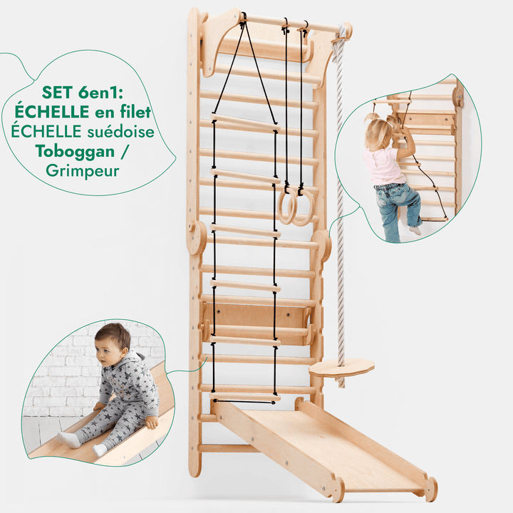 6in1 Mur suédois en bois / échelle d'escalade pour enfants + balançoire + toboggan