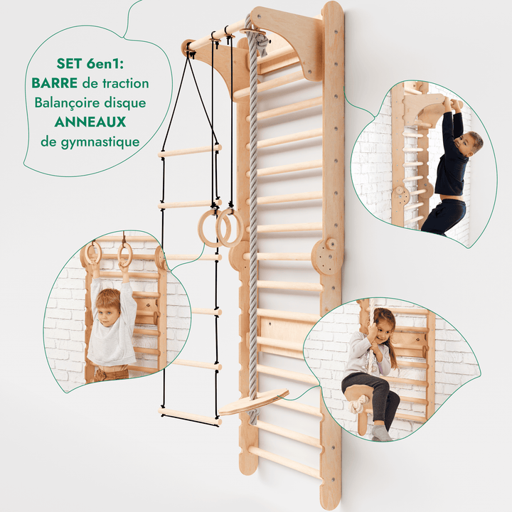 6in1 Mur suédois en bois / échelle d'escalade pour enfants + balançoire + toboggan