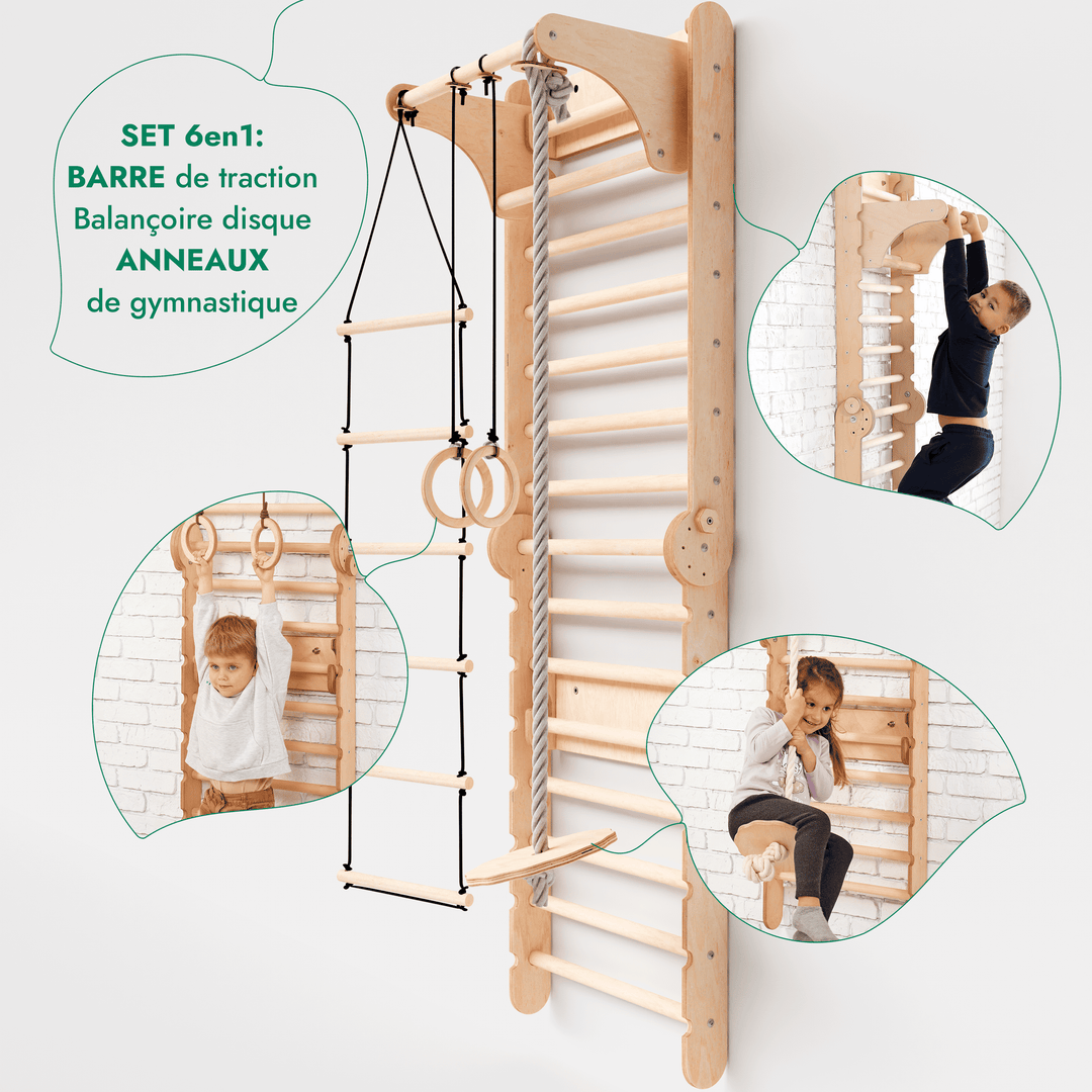 6in1 Mur suédois en bois / échelle d'escalade pour enfants + balançoire + toboggan
