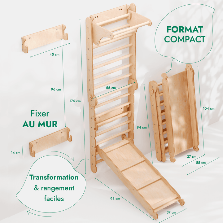 6in1 Mur suédois en bois / échelle d'escalade pour enfants + balançoire + toboggan