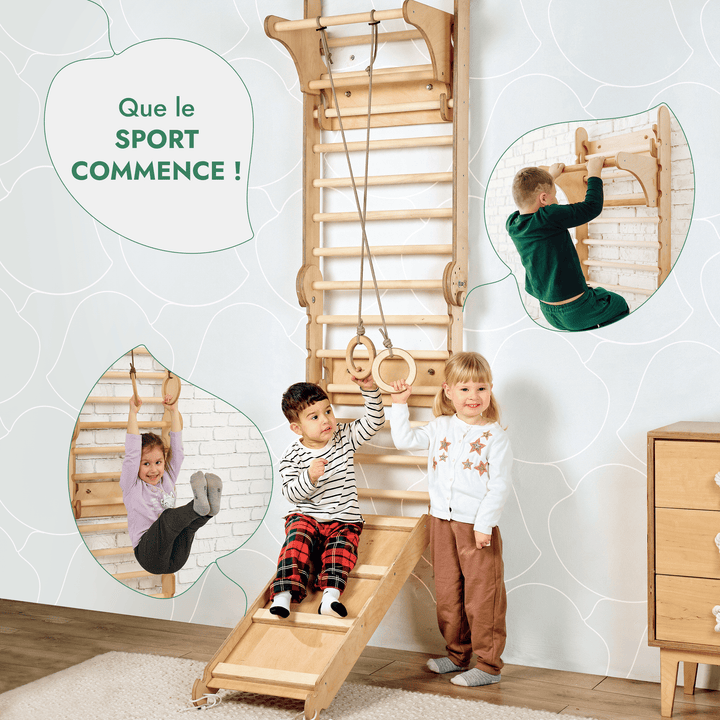 6in1 Mur suédois en bois / échelle d'escalade pour enfants + balançoire + toboggan