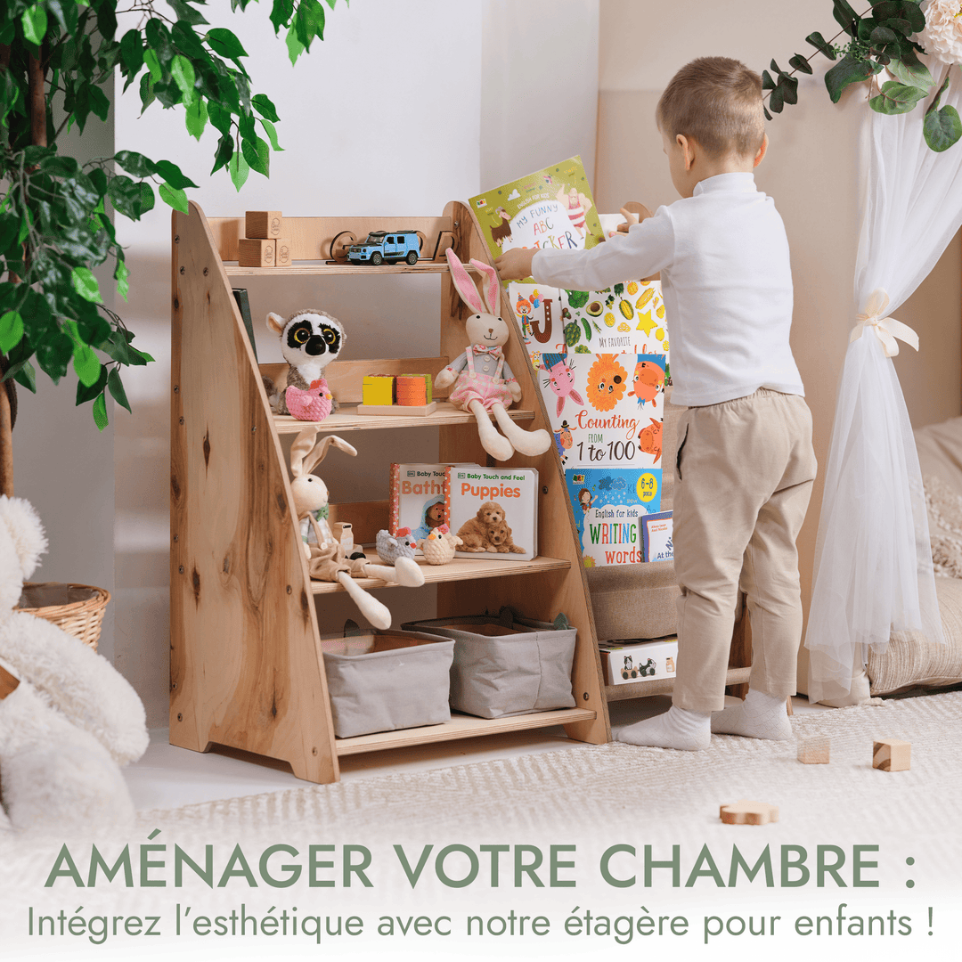 Étagère Montessori 2en1 pour livres et jouets pour les tout-petits