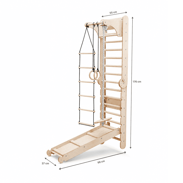 5en1 Mur suédois en bois / échelle d'escalade pour enfants + Balançoire + Toboggan + Extension artistique