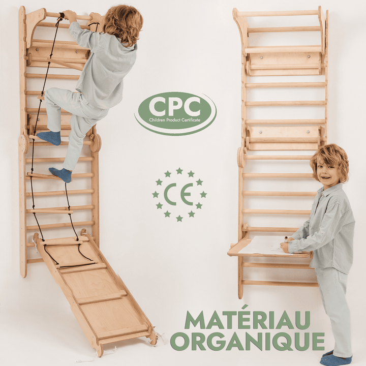 5en1 Mur suédois en bois / échelle d'escalade pour enfants + Balançoire + Toboggan + Extension artistique