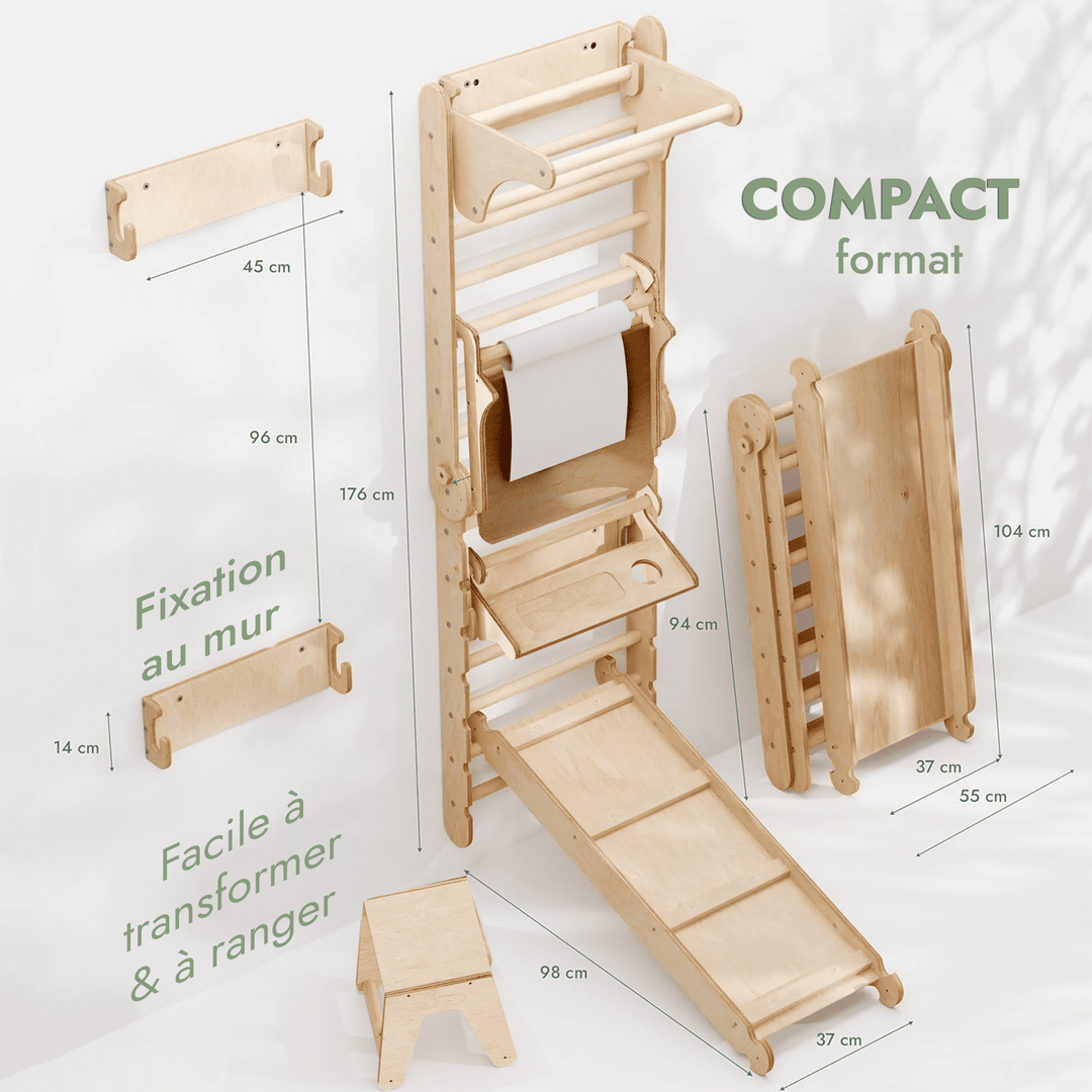5en1 Mur suédois en bois / échelle d'escalade pour enfants + Balançoire + Toboggan + Extension artistique