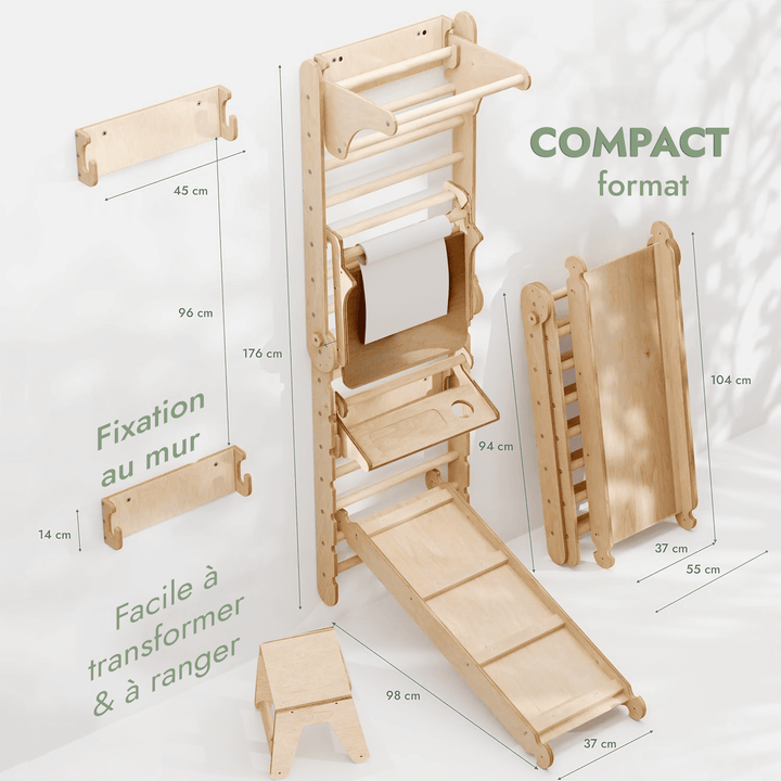 5en1 Mur suédois en bois / échelle d'escalade pour enfants + Balançoire + Toboggan + Extension artistique