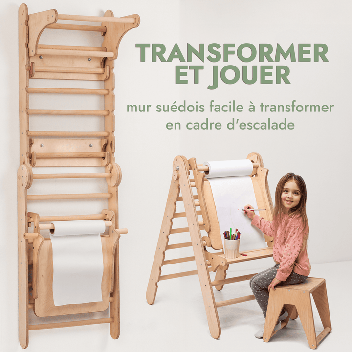 5en1 Mur suédois en bois / échelle d'escalade pour enfants + Balançoire + Toboggan + Extension artistique