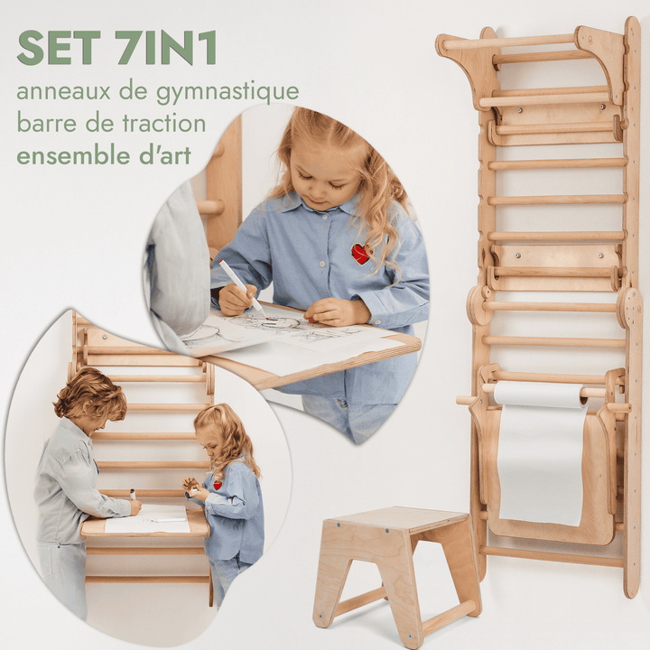5en1 Mur suédois en bois / échelle d'escalade pour enfants + Balançoire + Toboggan + Extension artistique