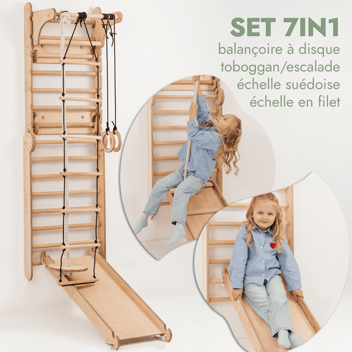 5en1 Mur suédois en bois / échelle d'escalade pour enfants + Balançoire + Toboggan + Extension artistique